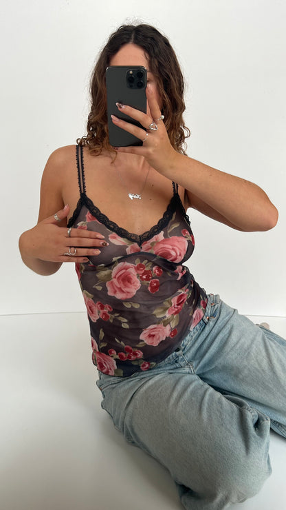 00s red black mesh floral cami- size S/M