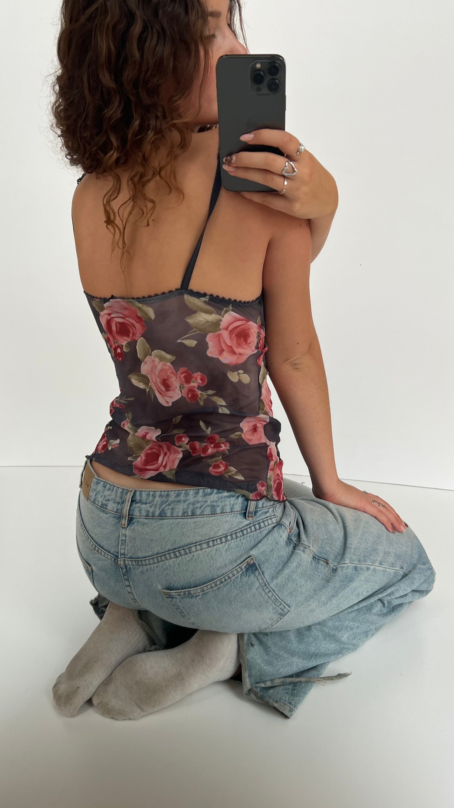 00s red black mesh floral cami- size S/M