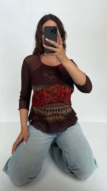 00s brown boho long sleeve top- size L