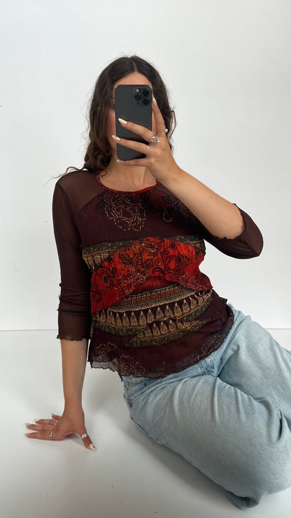 00s brown boho long sleeve top- size L