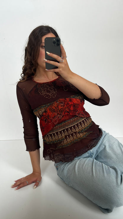 00s brown boho long sleeve top- size L