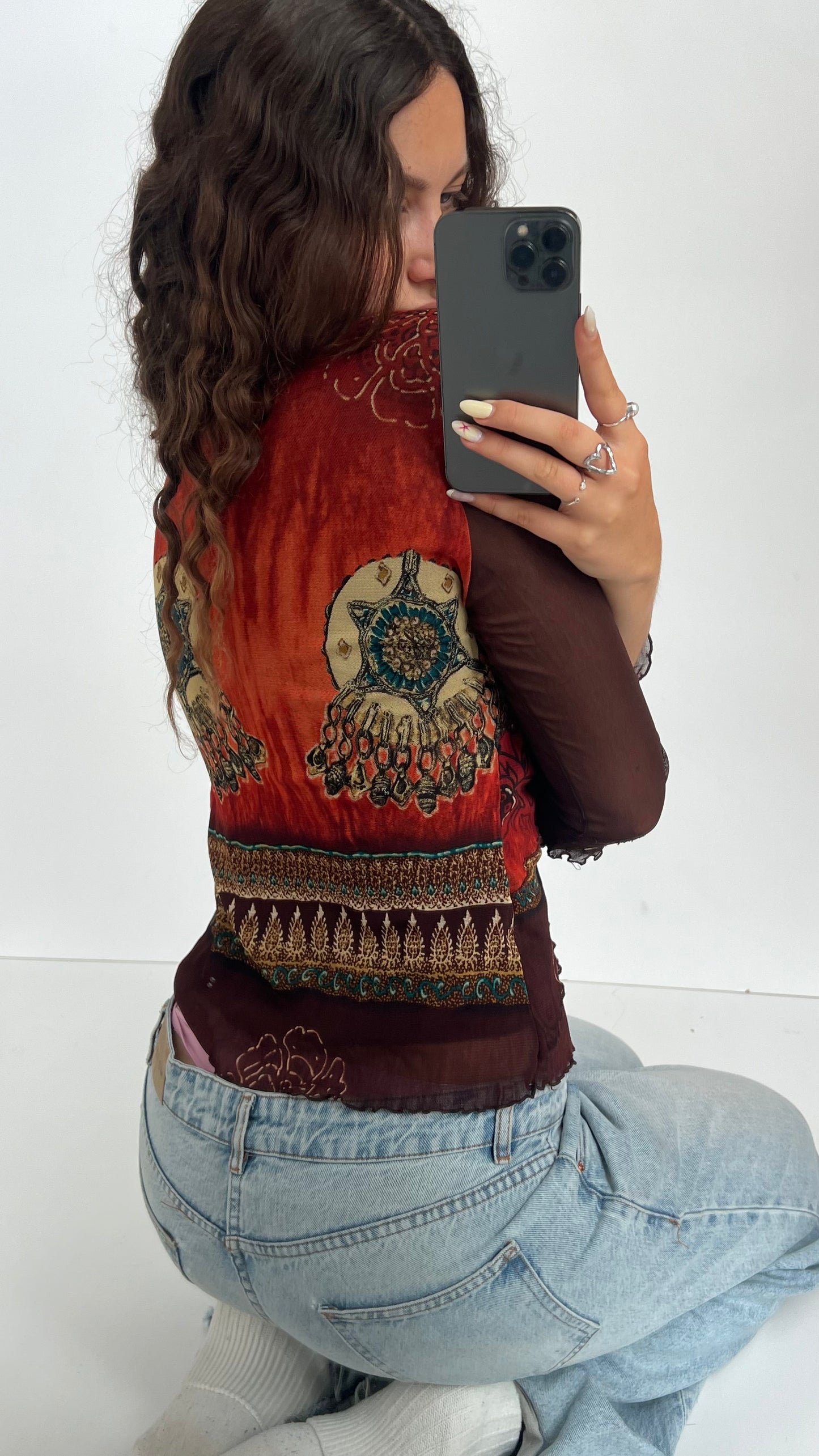 00s brown boho long sleeve top- size L