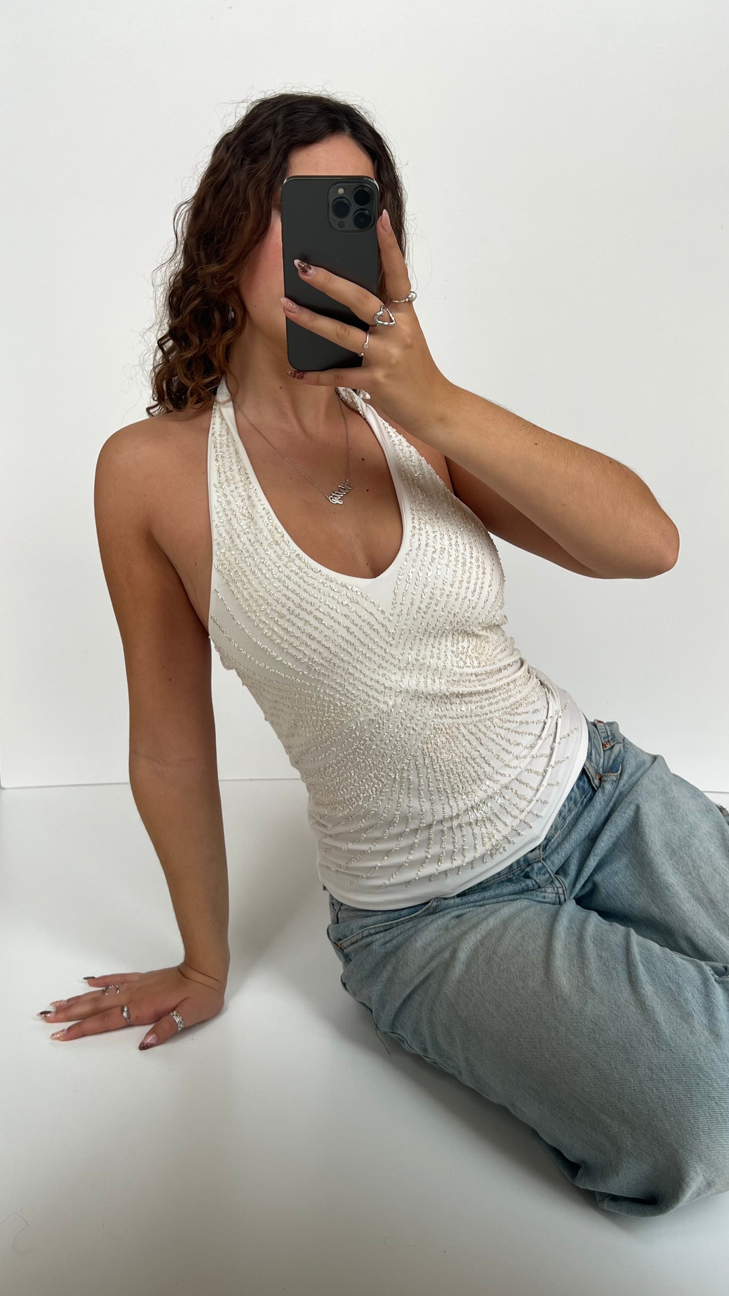 00s white sequin halter cami- size M