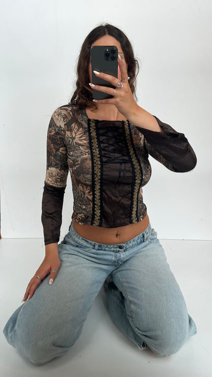 00s brown paisley long sleeve top- size M