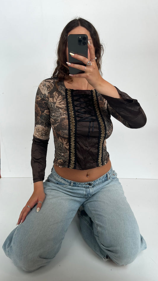 00s brown paisley long sleeve top- size M