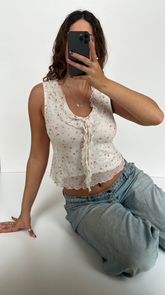 00s white floral babydoll top- size XS
