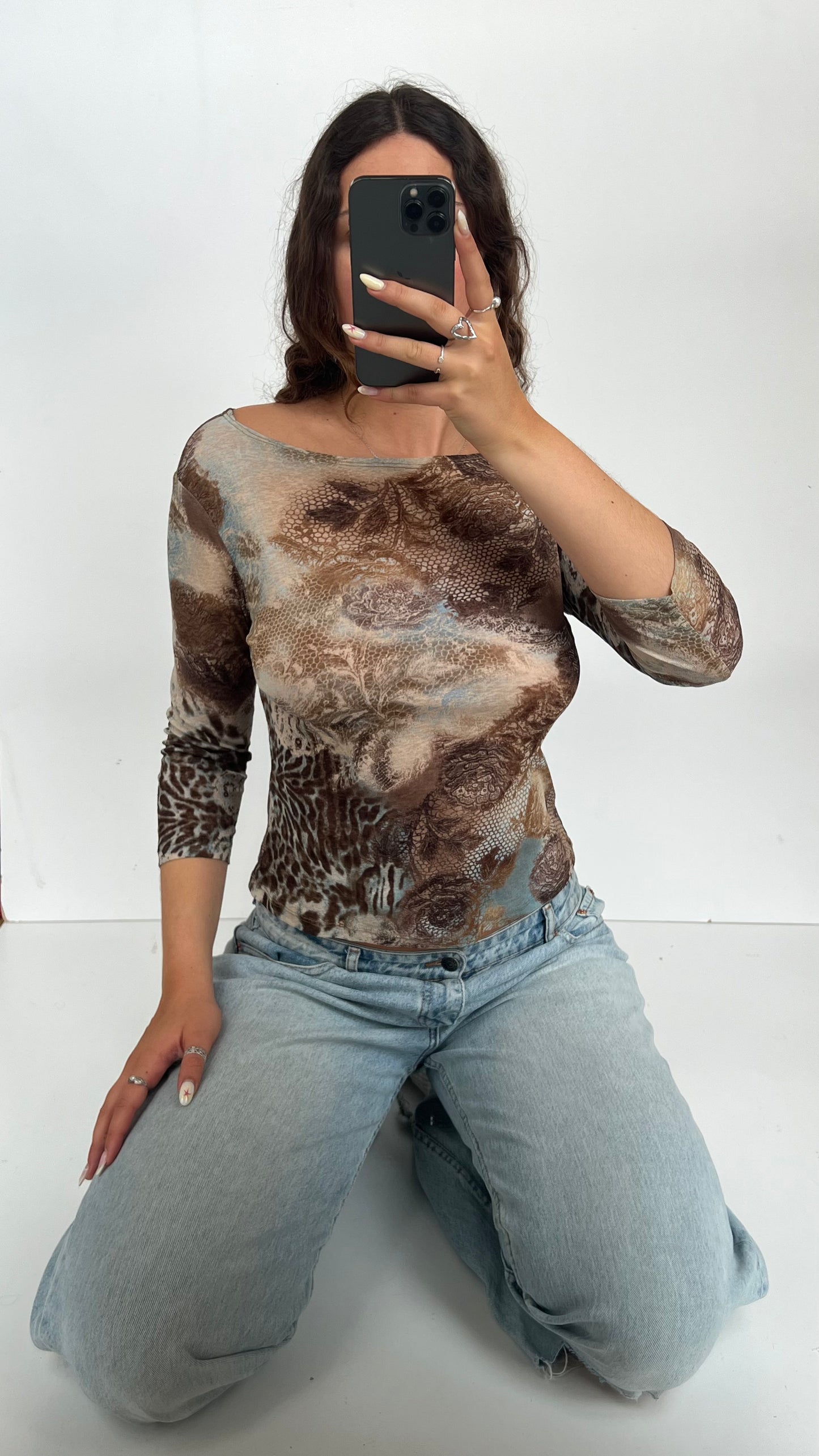 00s brown blue mesh top- size M