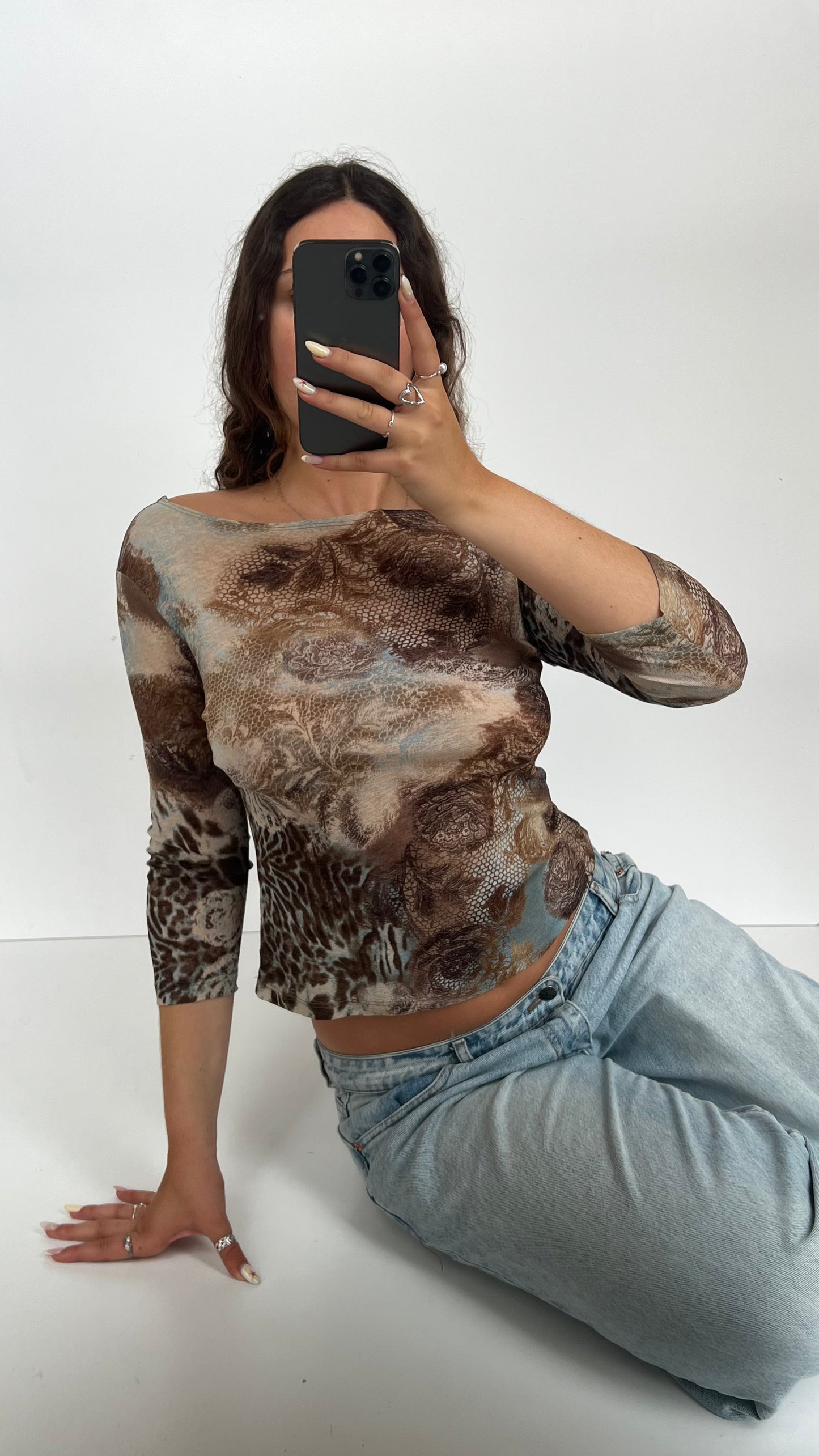 00s brown blue mesh top- size M