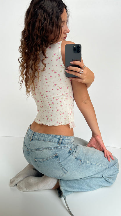 00s white floral babydoll top- size XS