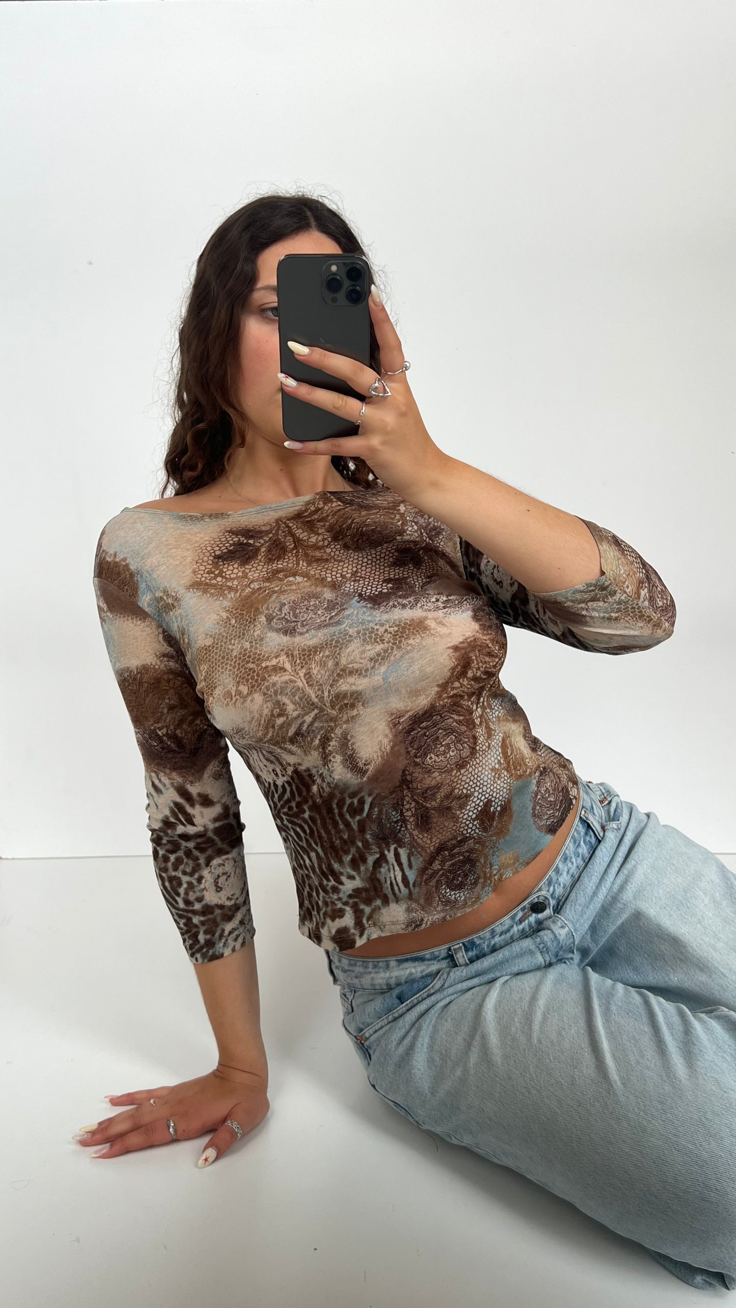 00s brown blue mesh top- size M