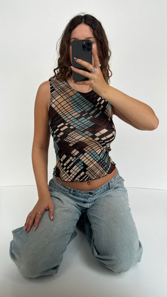 00s brown blue tank top- size L