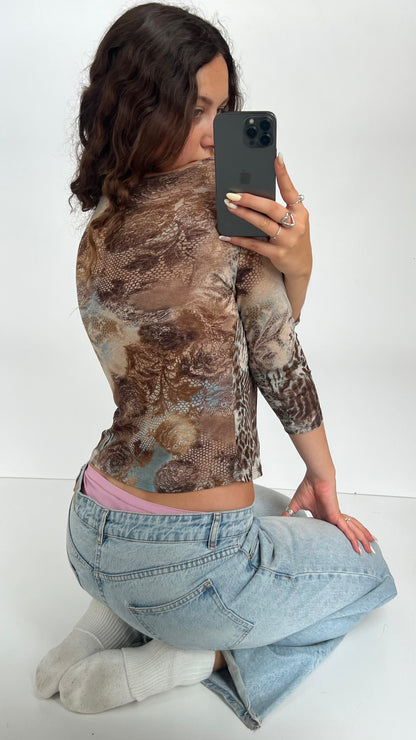 00s brown blue mesh top- size M