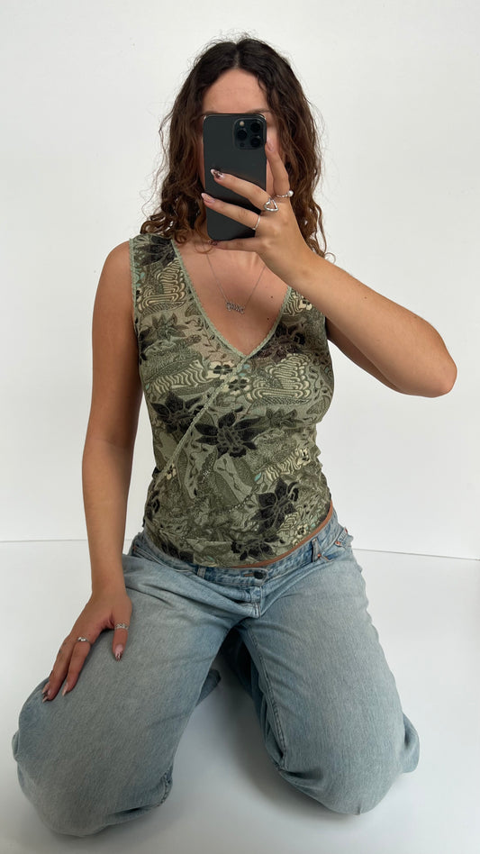 00s green floral mesh tank top- size S