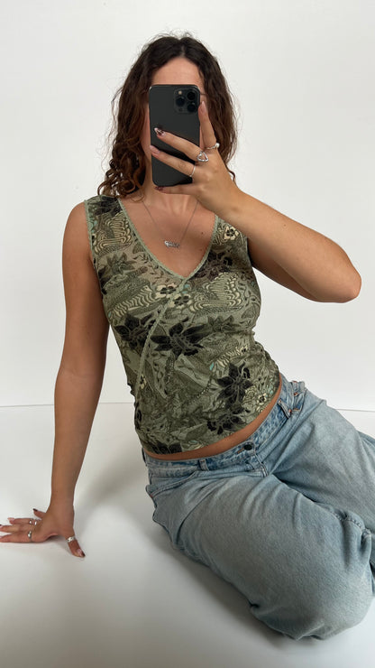 00s green floral mesh tank top- size S