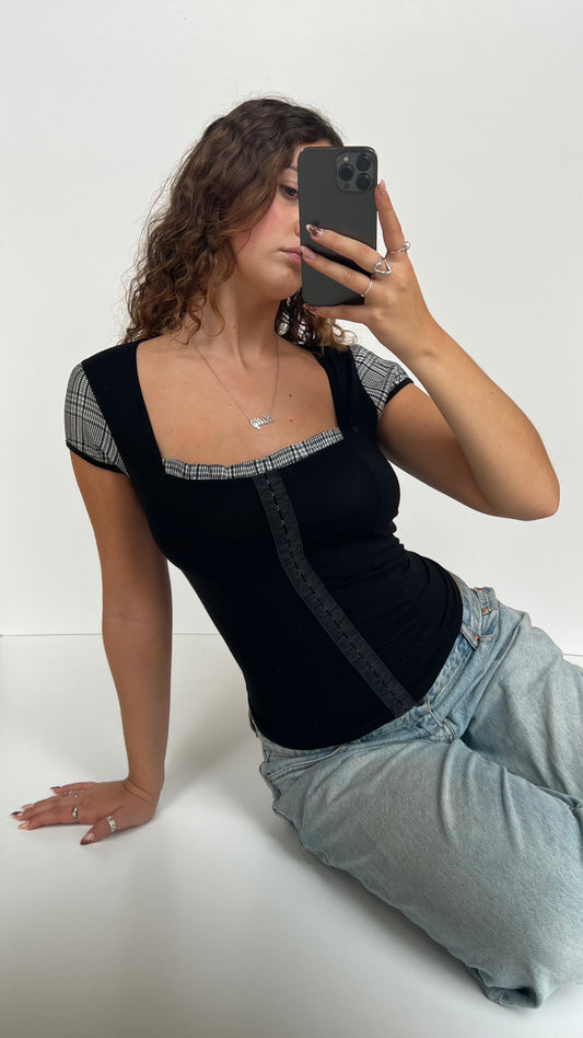 00s black gingham top- size M