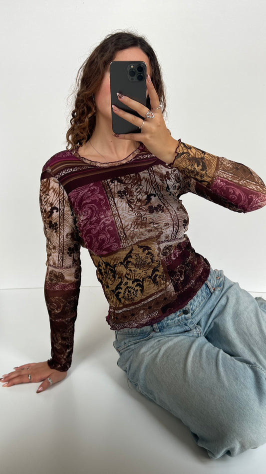 00s purple patterned mesh long sleeve top- size M