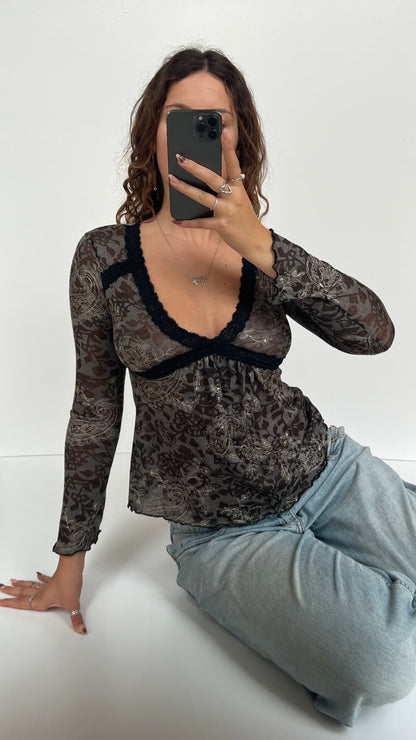 00s grey floral long sleeve top- size S