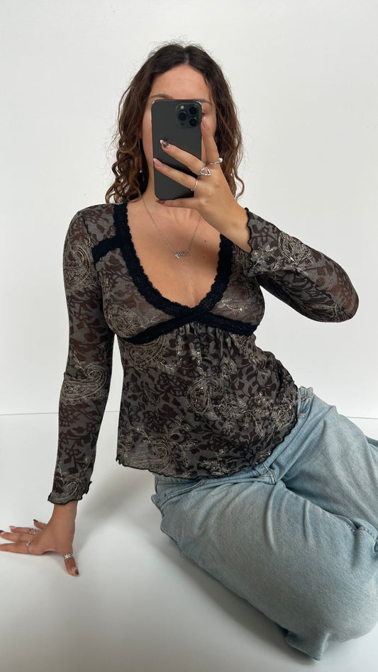 00s grey floral long sleeve top- size S