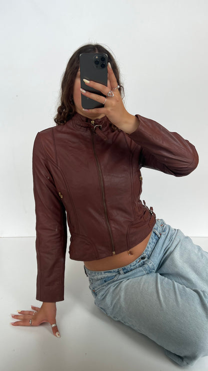 00s brown leather jacket- size M