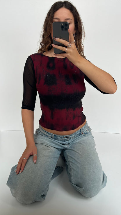 00s red black mesh long sleeve top- size S