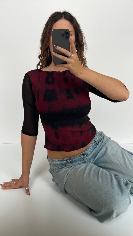 00s red black mesh long sleeve top- size S