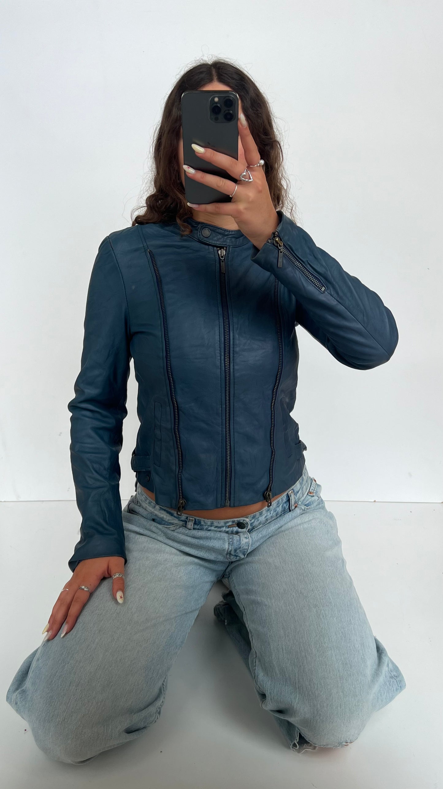 00s blue leather jacket- size M