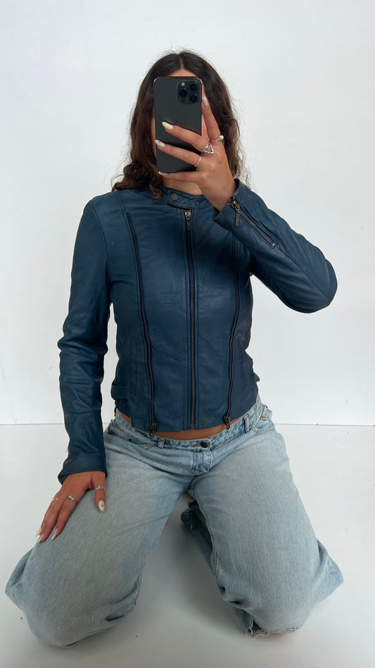 00s blue leather jacket- size M