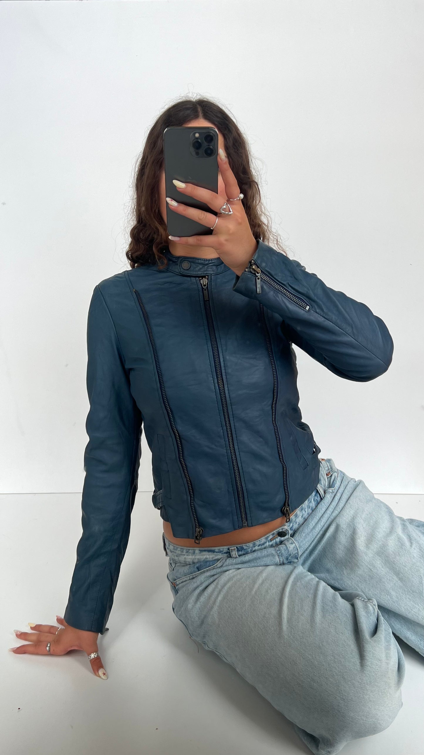 00s blue leather jacket- size M