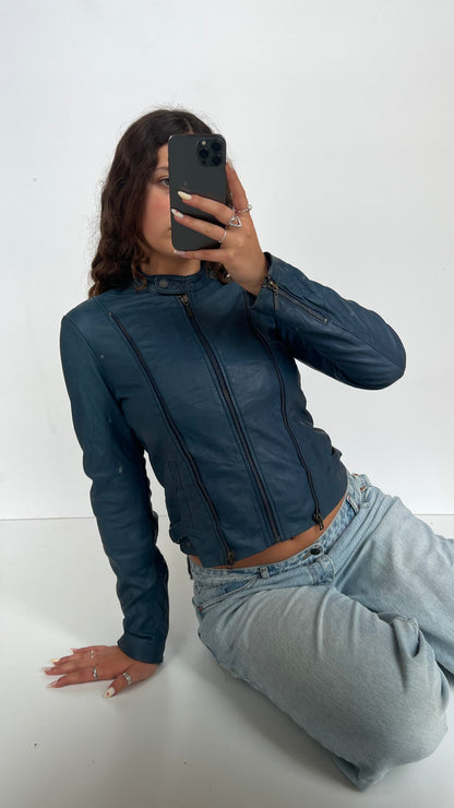 00s blue leather jacket- size M