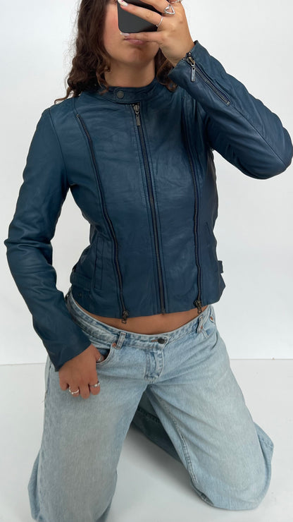 00s blue leather jacket- size M
