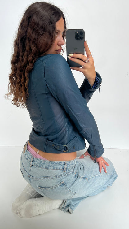 00s blue leather jacket- size M
