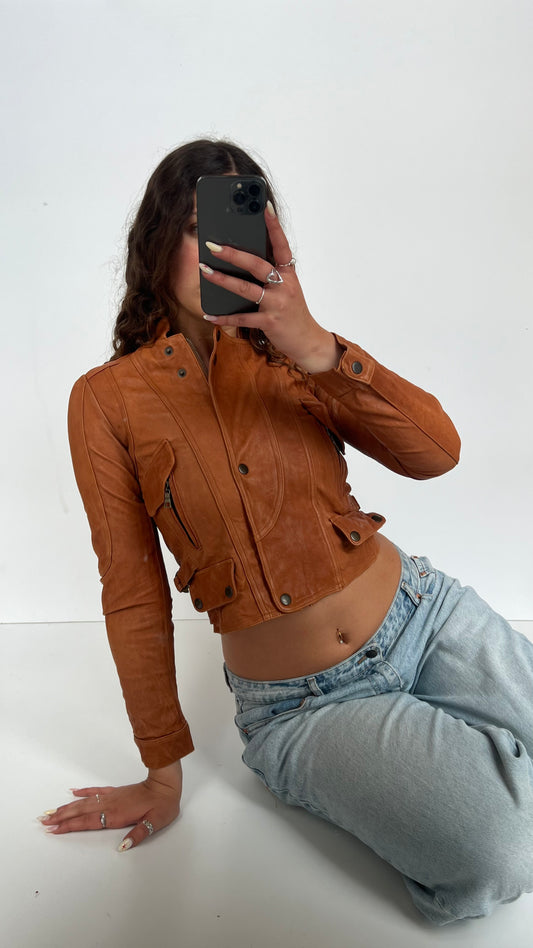 00s orange leather jacket- size XS