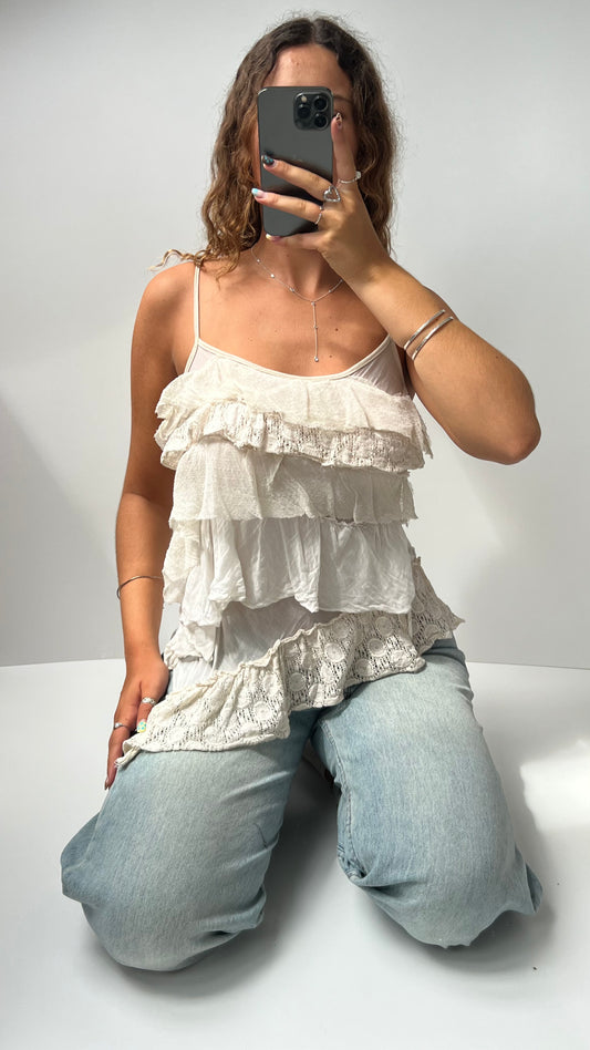 00s cream ruffle lace cami- size M