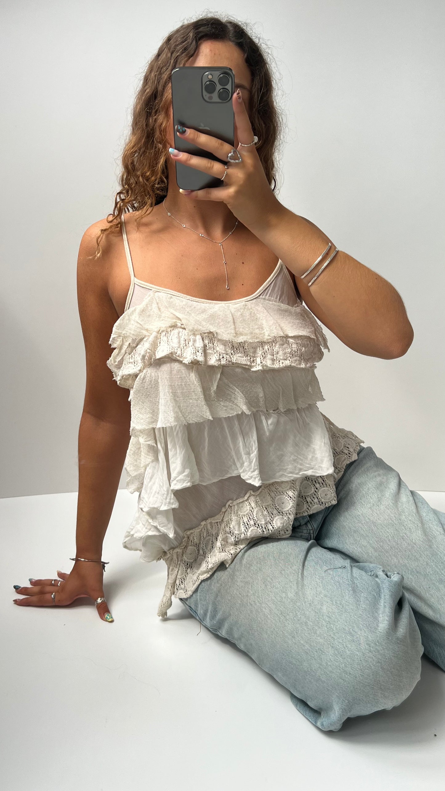 00s cream ruffle lace cami- size M