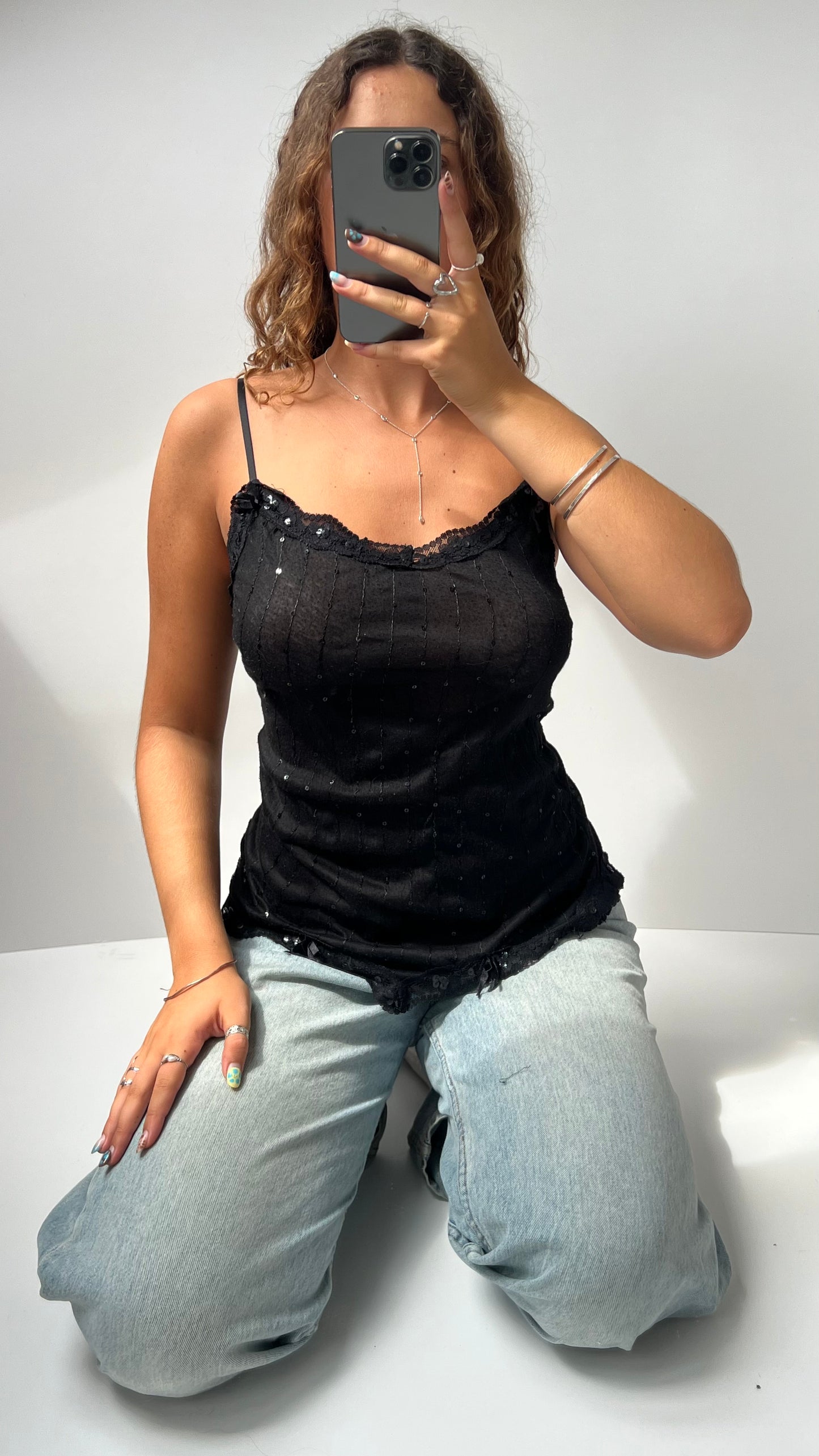 00s black mesh sequin cami- size L