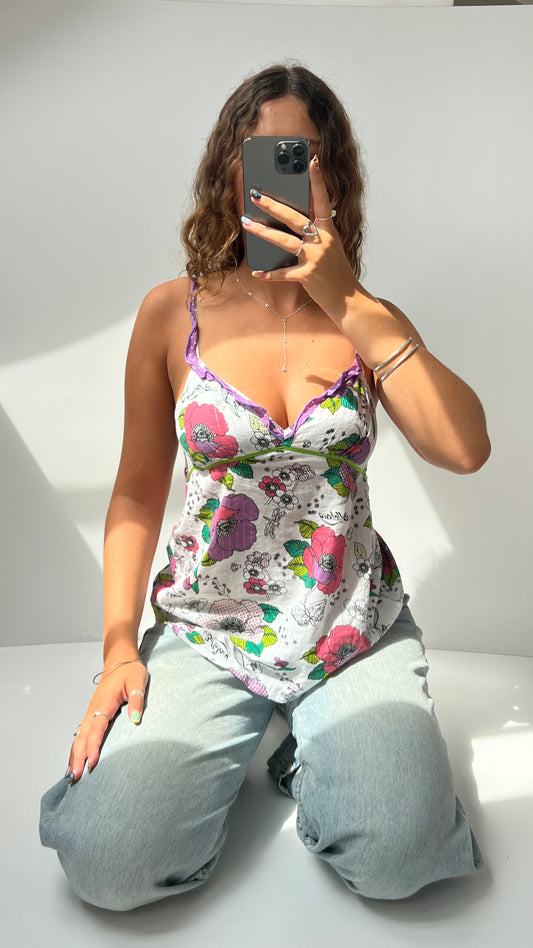 00s white floral babydoll top- size M