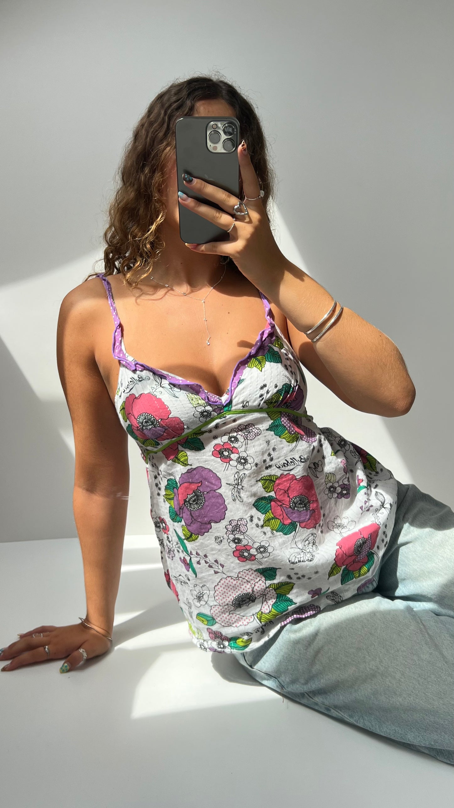 00s white floral babydoll top- size M