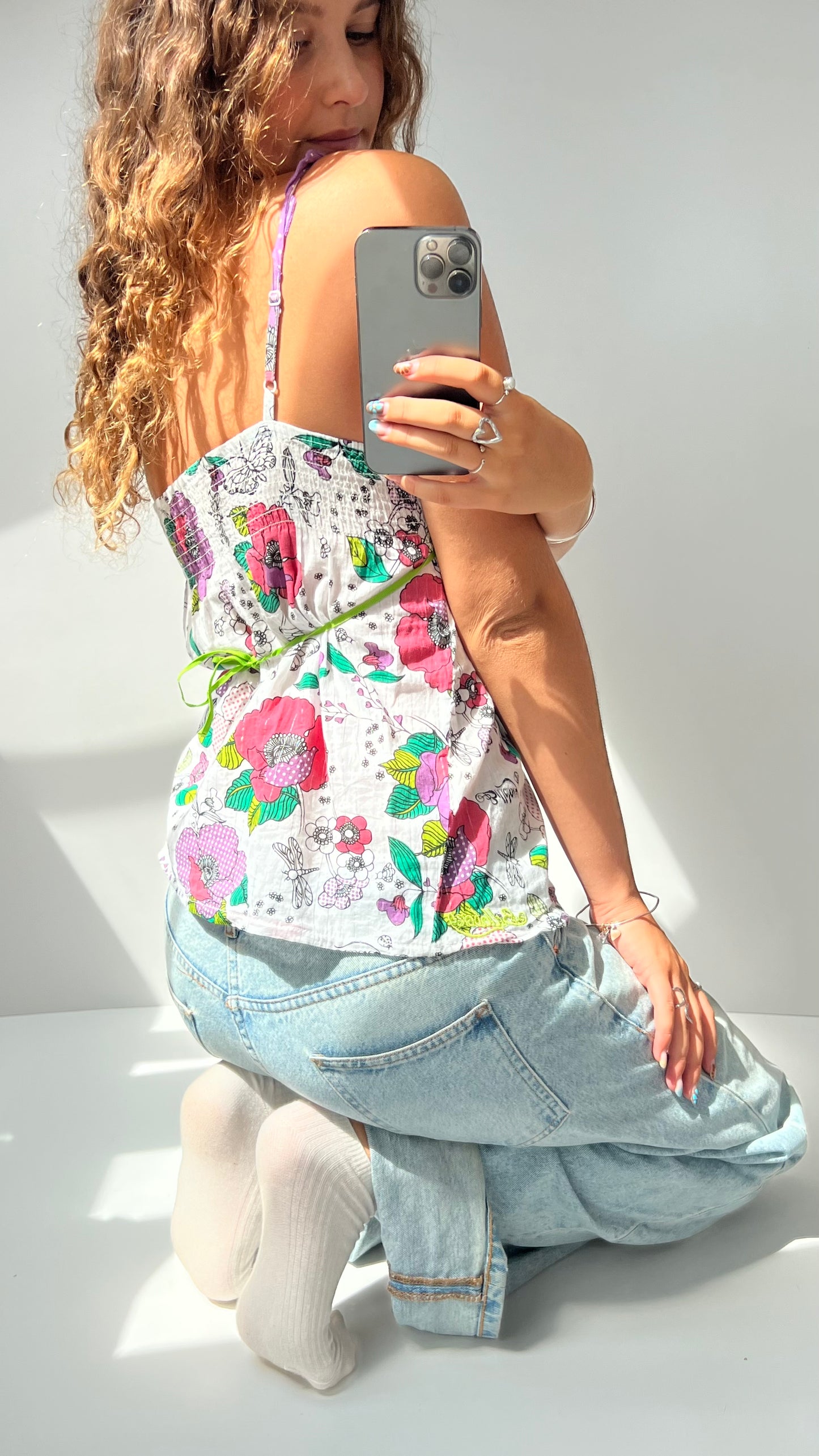 00s white floral babydoll top- size M