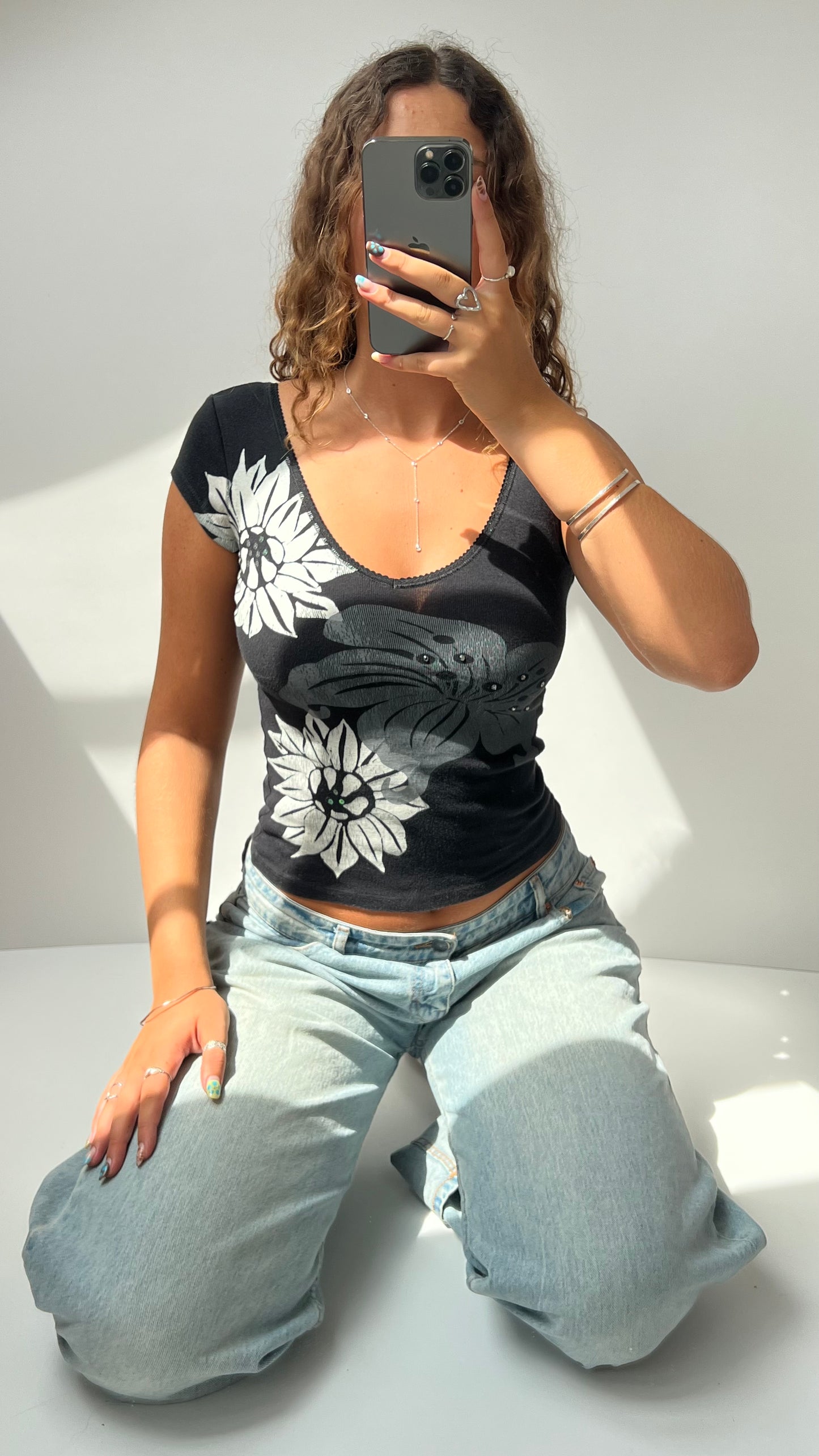 00s black floral asymmetric tank top- size XS