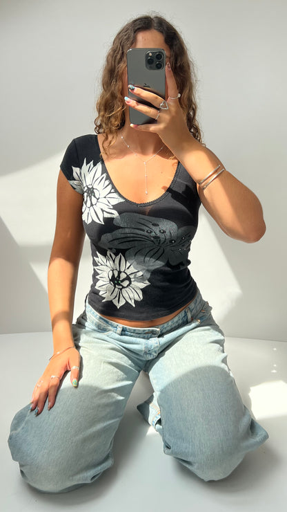 00s black floral asymmetric tank top- size XS