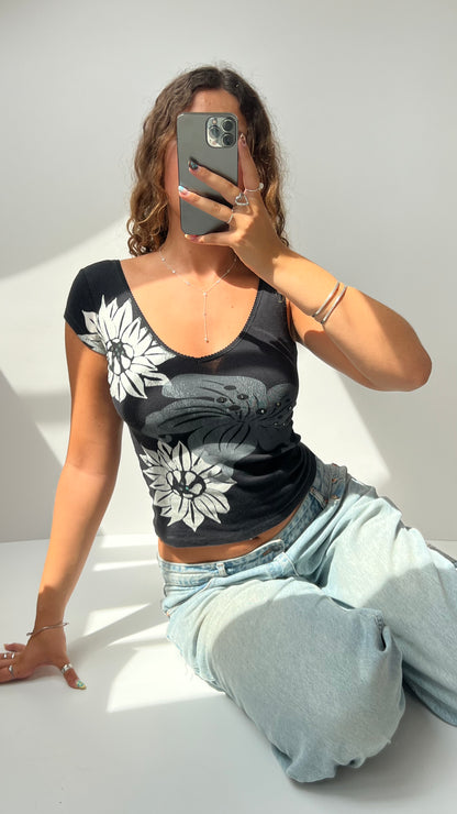 00s black floral asymmetric tank top- size XS