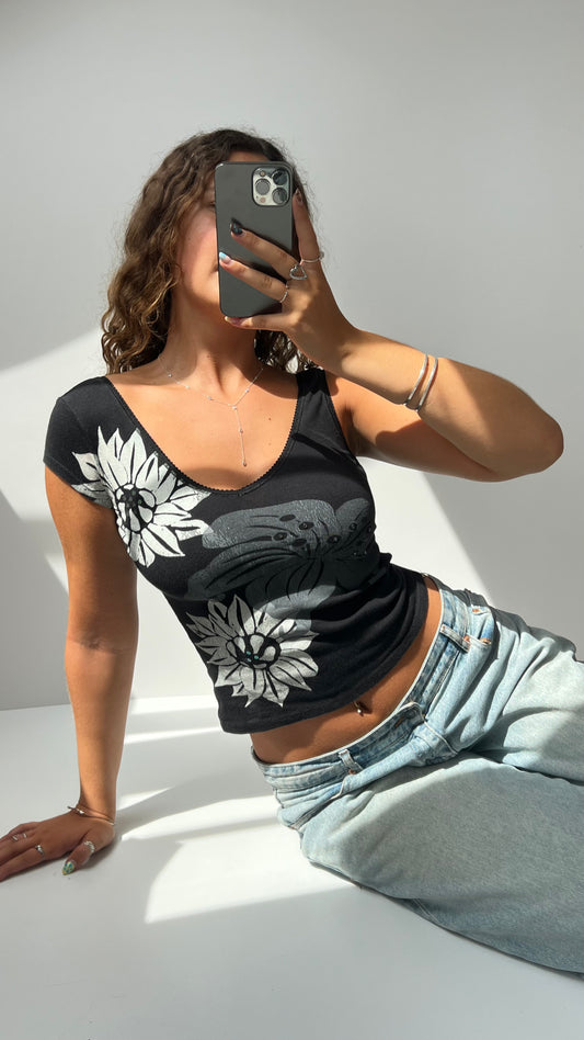 00s black floral asymmetric tank top- size XS
