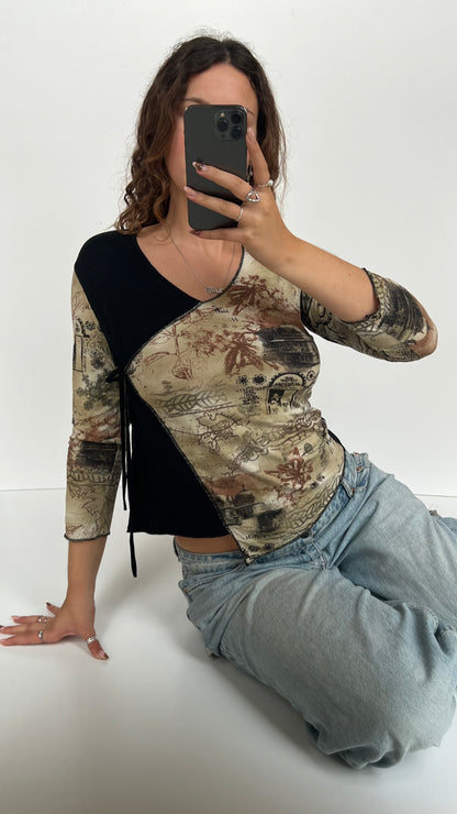00s black beige wrap top- size L