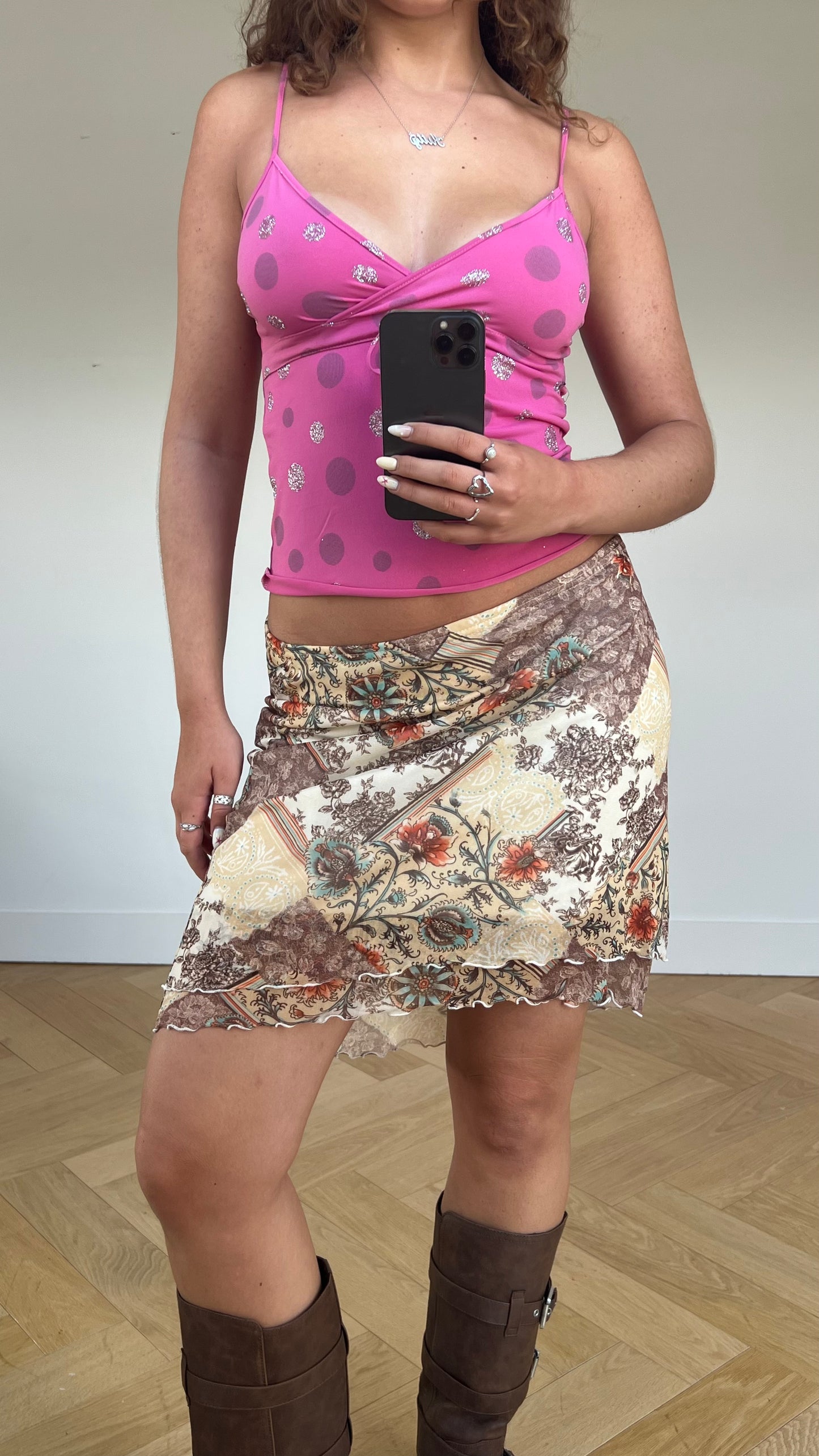 00s brown patchwork mini skirt- size M