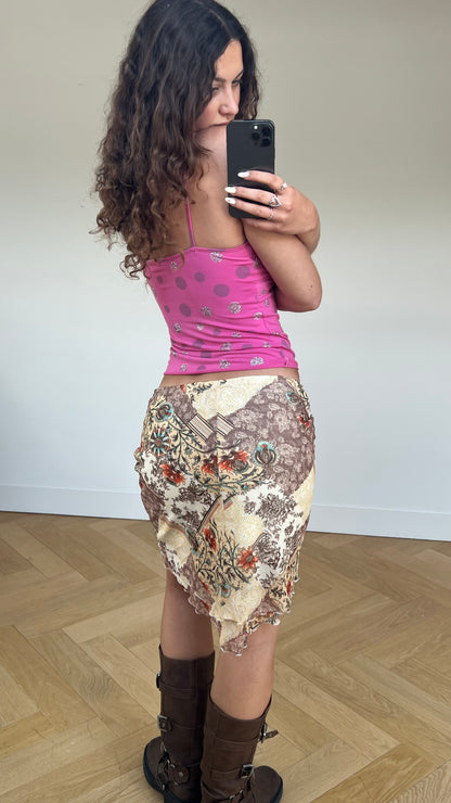 00s brown patchwork mini skirt- size M