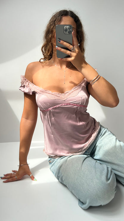 00s baby pink satin babydoll top- size M
