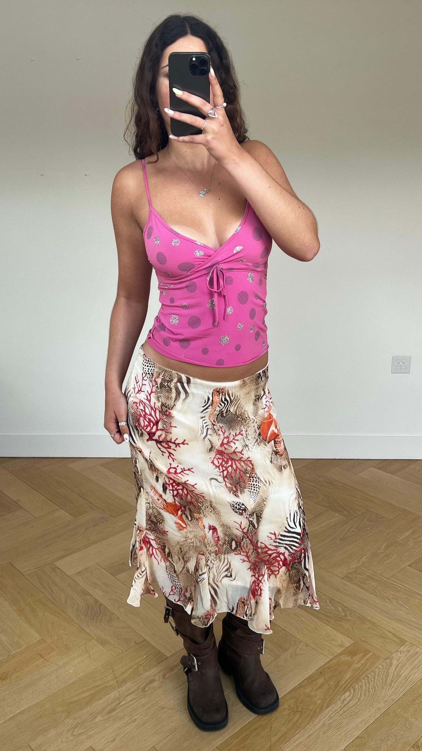 00s brown patterned mesh midi skirt- size XL