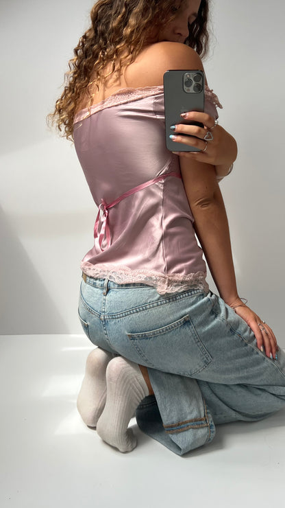 00s baby pink satin babydoll top- size M