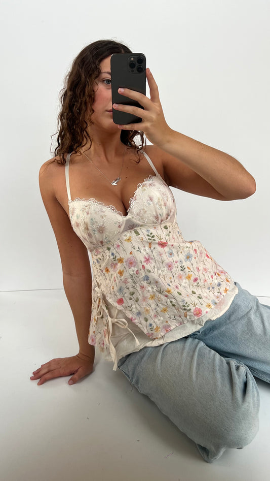 00s white floral corset- size M