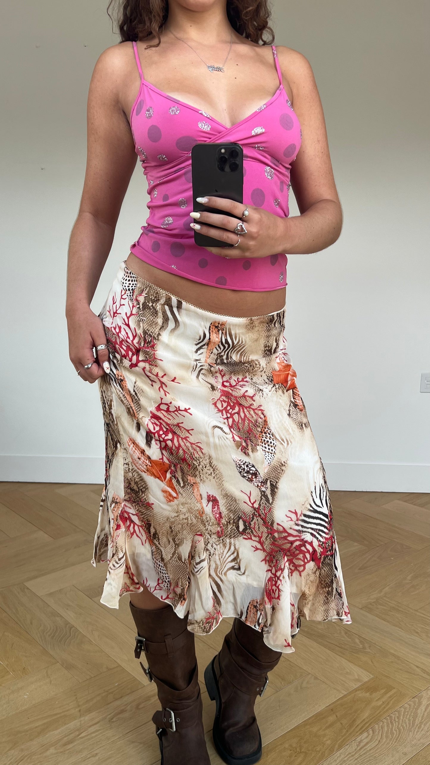 00s brown patterned mesh midi skirt- size XL